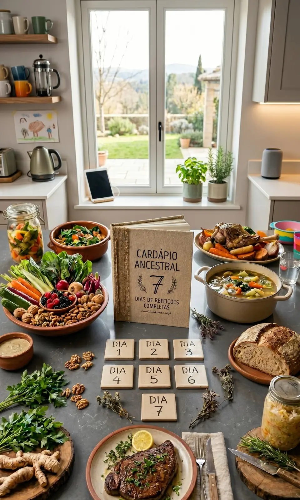 Mesa ancestral com Cardápio Familiar Ancestral de 7 dias — comida de verdade, do café ao jantar